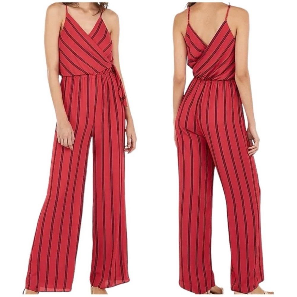 EXPRESS Coral Red Striped Surplice Tie Waist Wrap Jumpsuit Size Small Petite
